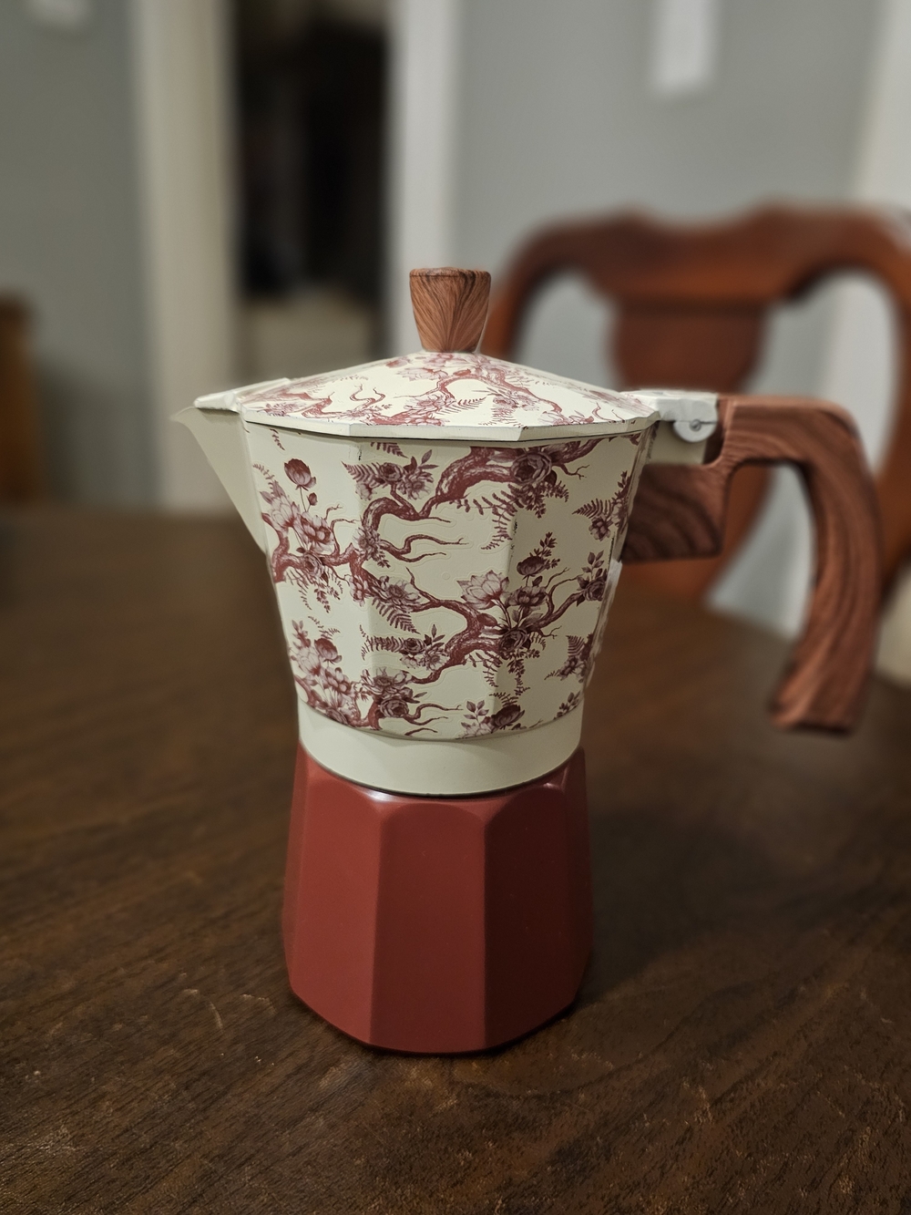 Cottagecore Floral Toile Moka Pot - Burgundy Red Stovetop Espresso Maker